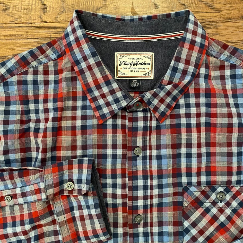 Flag & Anthem Button Down Shirt Mens XXL Blue Red Plaid Long Sleeve Pocket